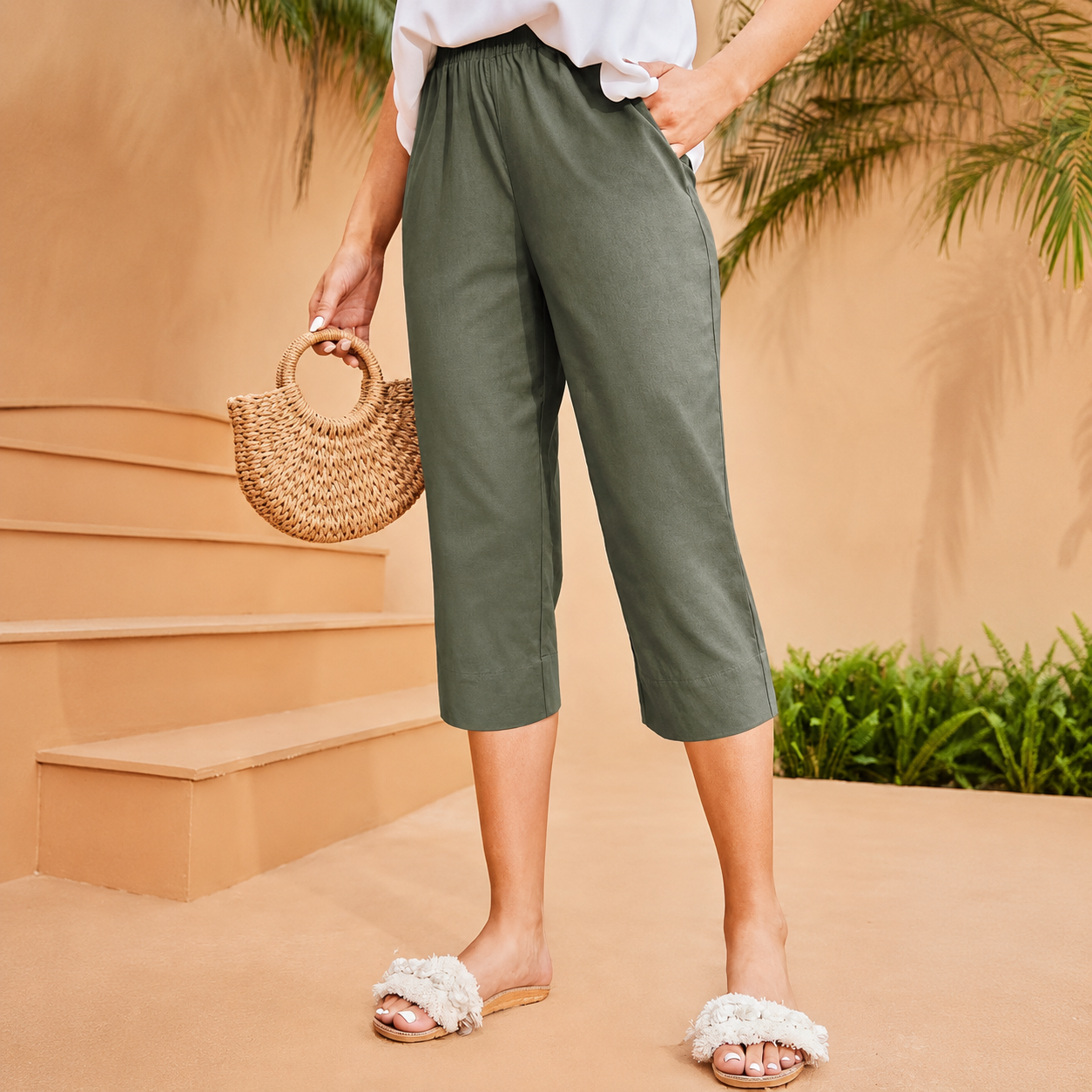 Casual High Rise Wide Trousers With Side Pockets For Women