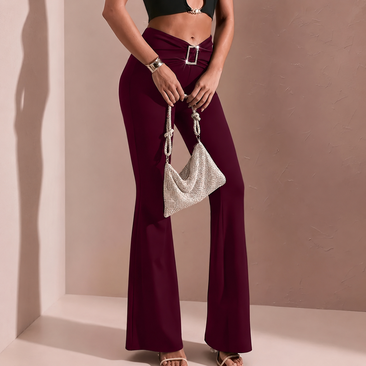 Casual Stretchy Flared Solid Pants For Women