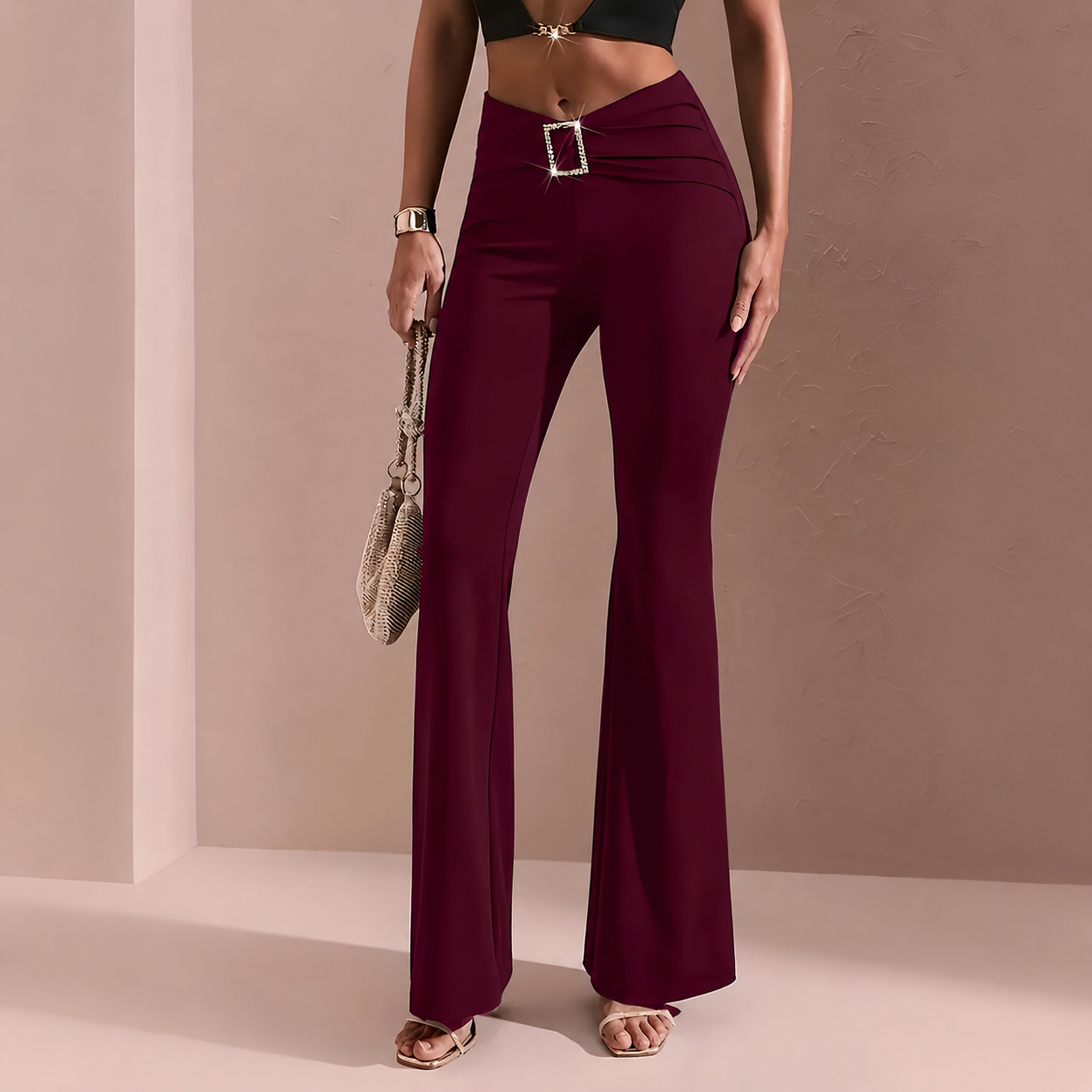 Casual Stretchy Flared Solid Pants For Women