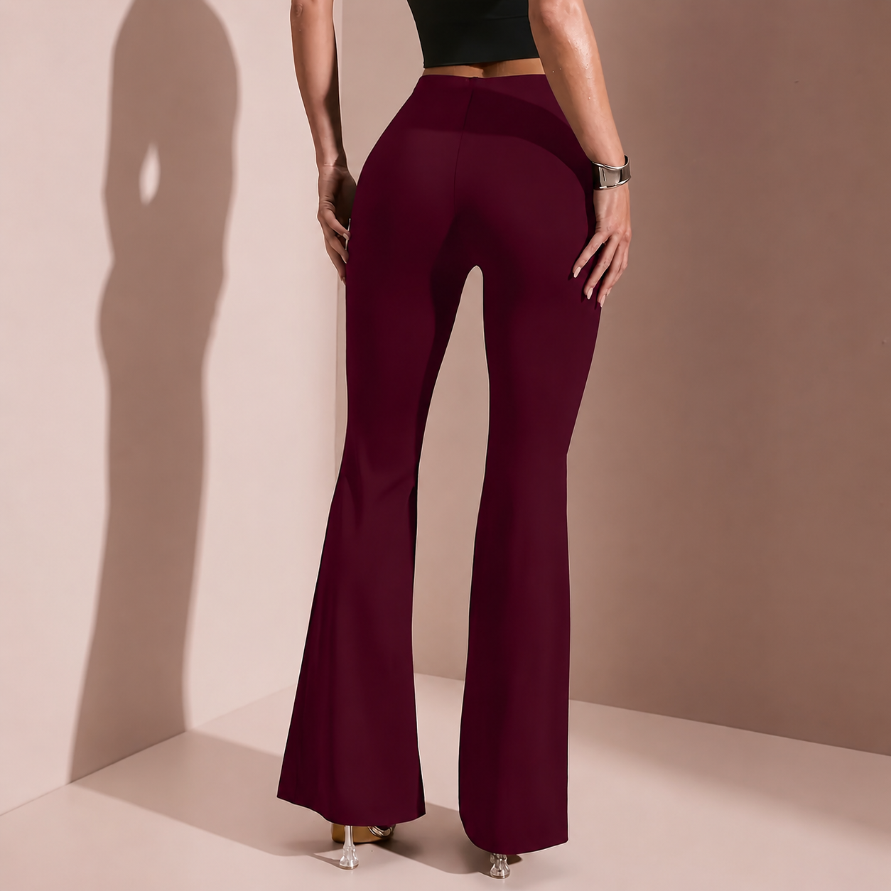 Casual Stretchy Flared Solid Pants For Women