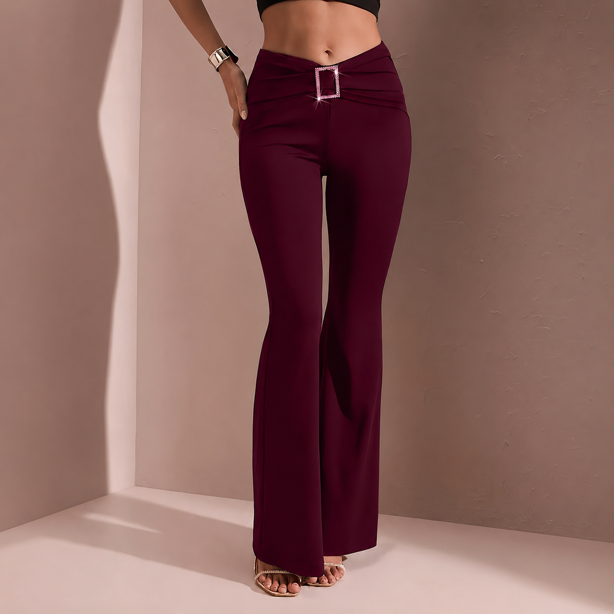 Casual Stretchy Flared Solid Pants For Women