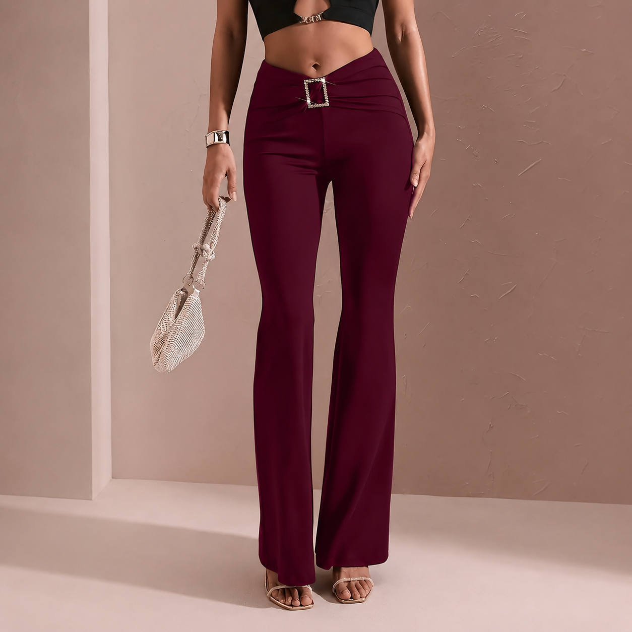 Casual Stretchy Flared Solid Pants For Women