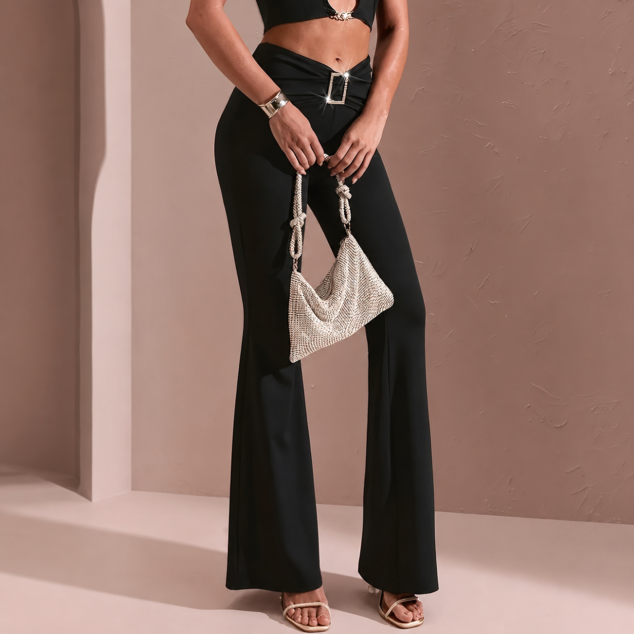 Casual Stretchy Flared Solid Pants For Women