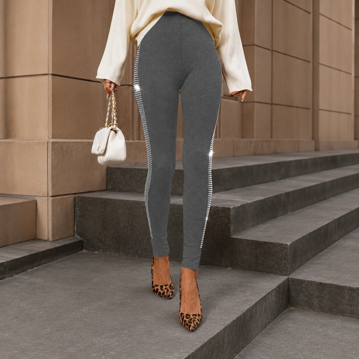 Casual Rhinestone Side Stripe Leggings For Women