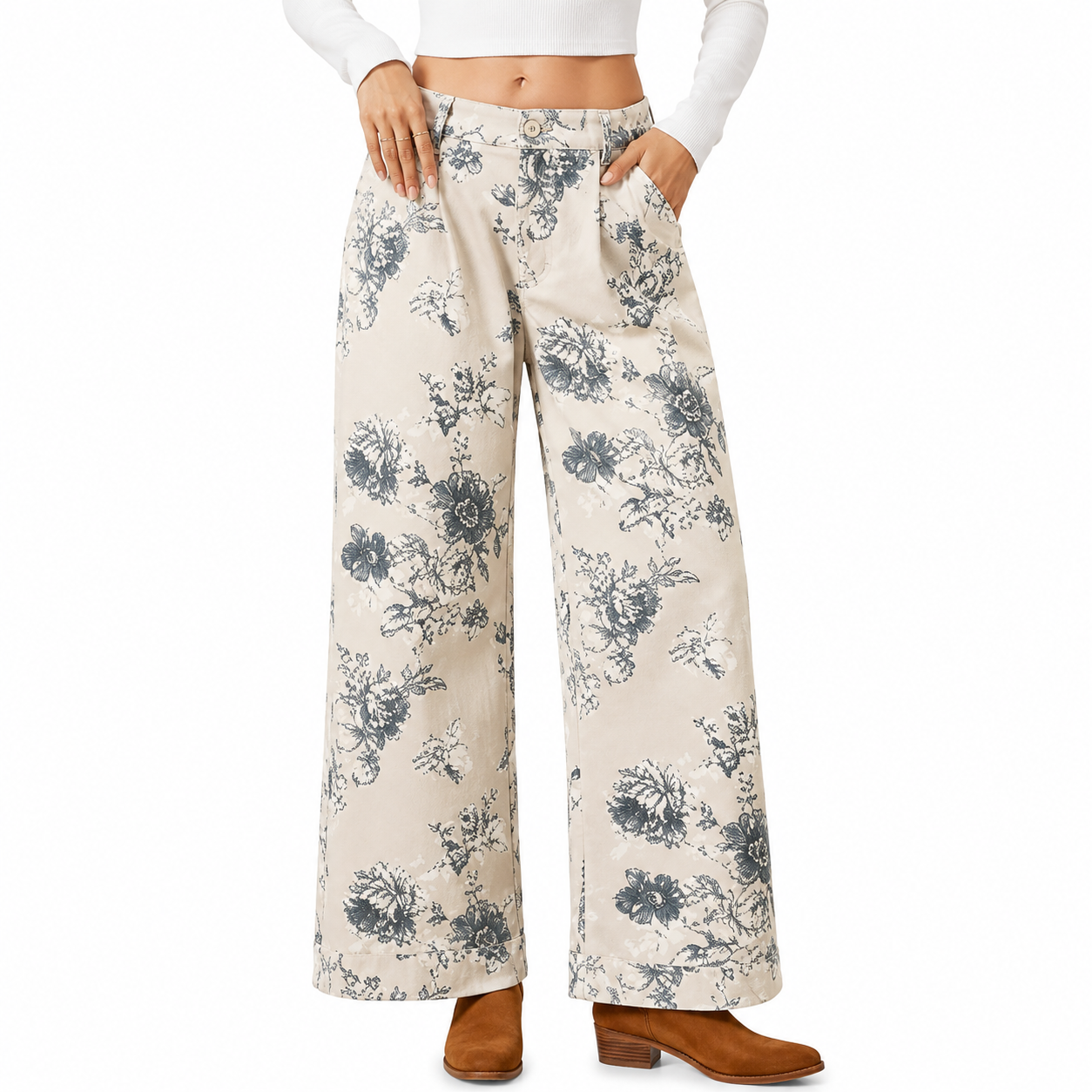 Floral Printed Wide Fit Baggy Denim Pants For Women