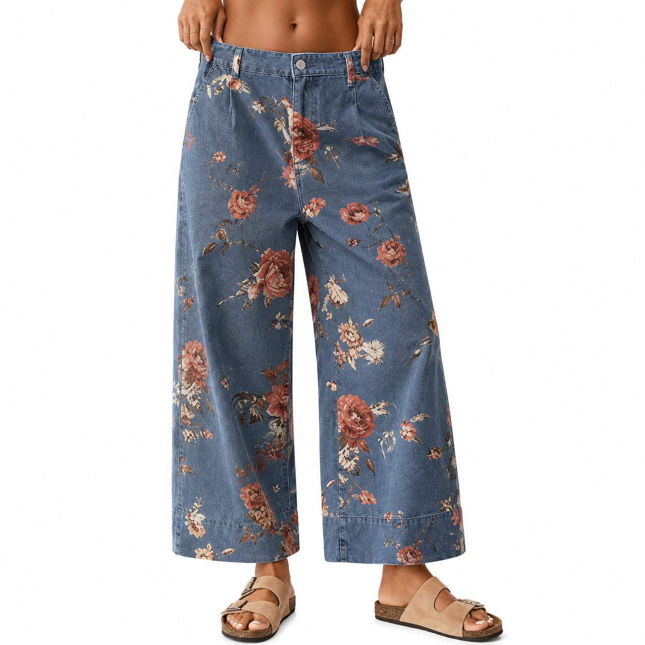 Floral Printed Wide Fit Baggy Denim Pants For Women
