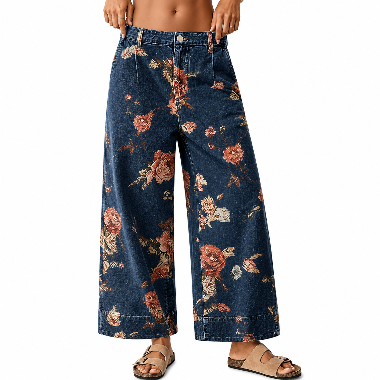 Floral Printed Wide Fit Baggy Denim Pants For Women