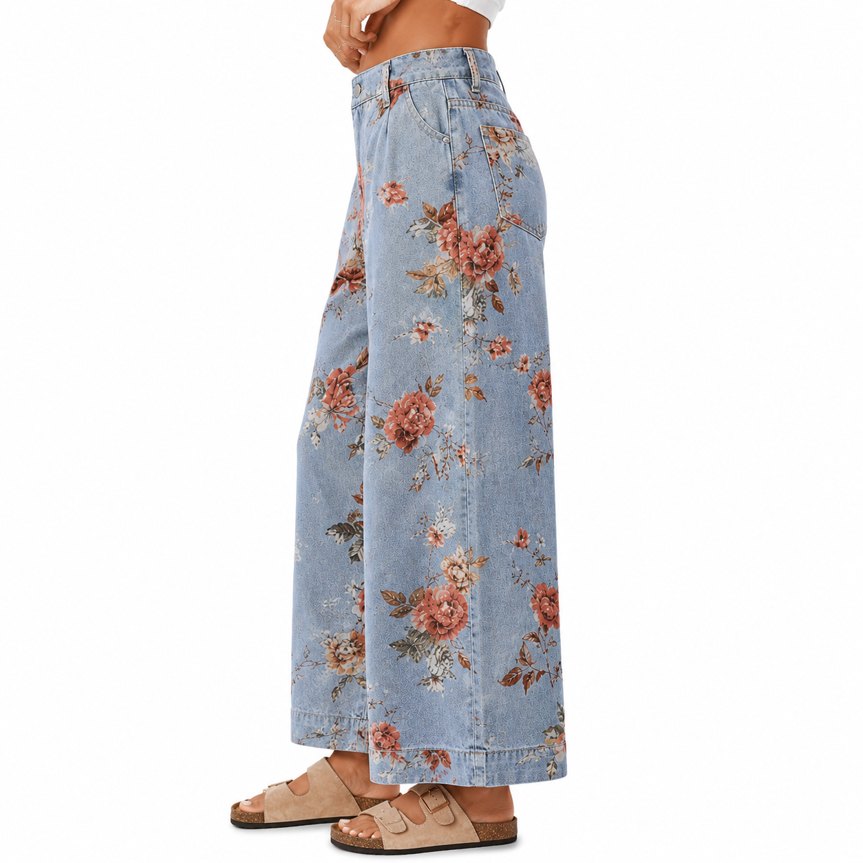 Floral Printed Wide Fit Baggy Denim Pants For Women