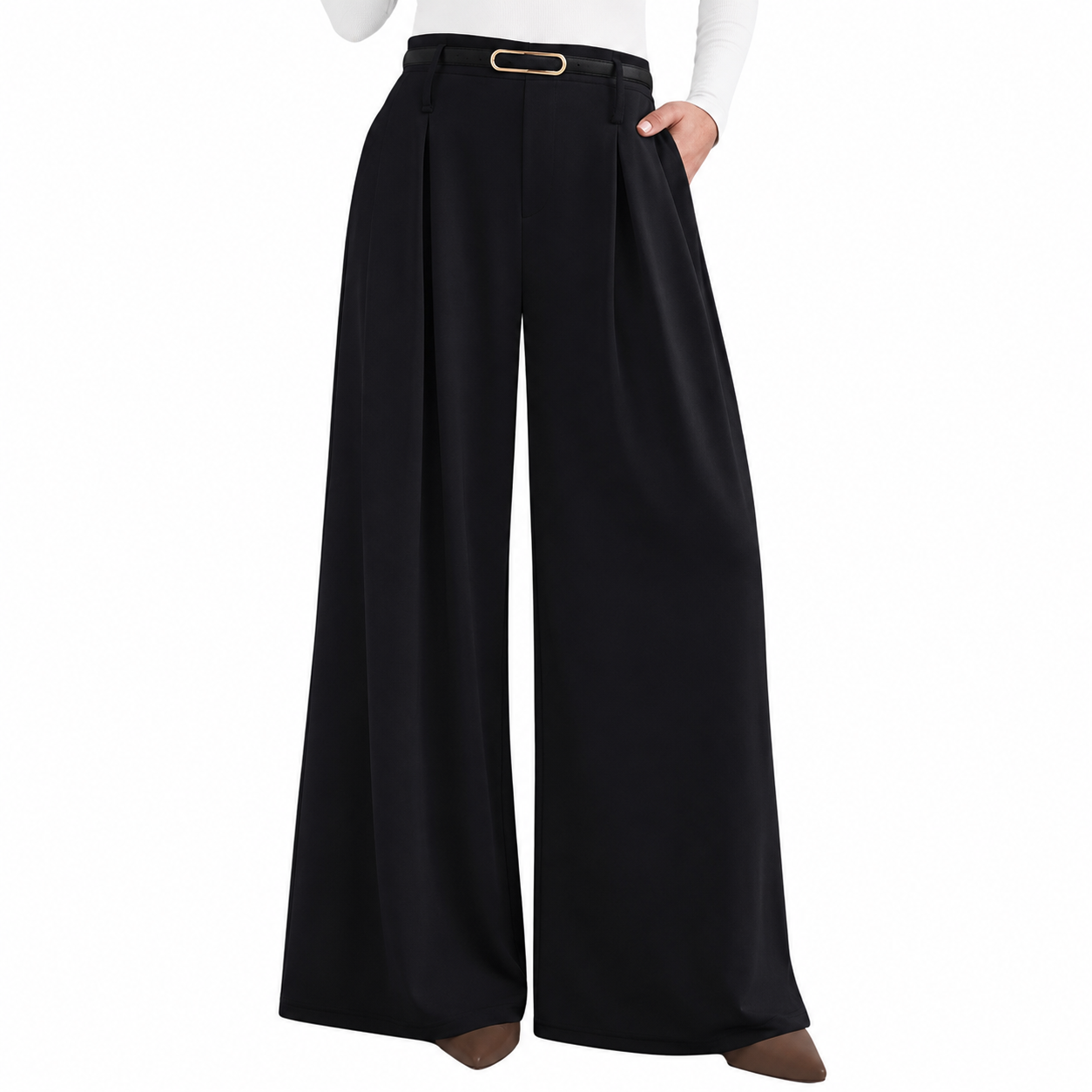 Pleated High Waisted Flowy Palazzo Trousers For Women