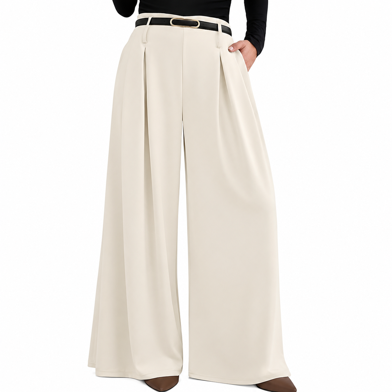 Pleated High Waisted Flowy Palazzo Trousers For Women