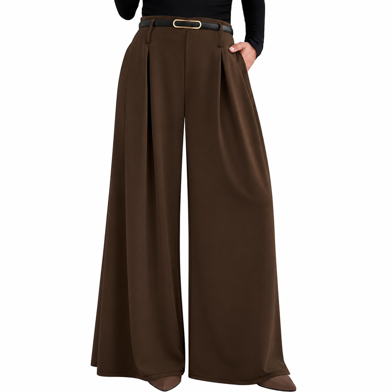 Pleated High Waisted Flowy Palazzo Trousers For Women