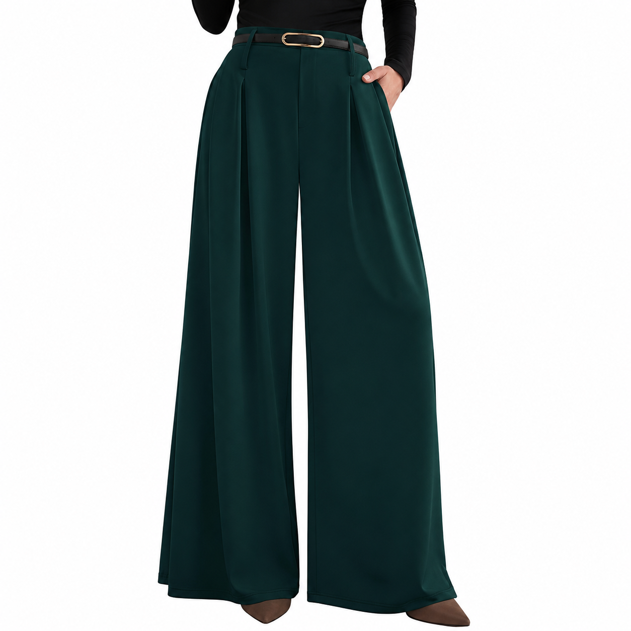 Pleated High Waisted Flowy Palazzo Trousers For Women