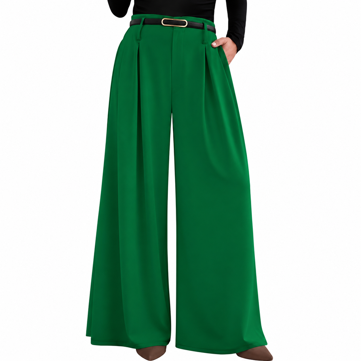 Pleated High Waisted Flowy Palazzo Trousers For Women