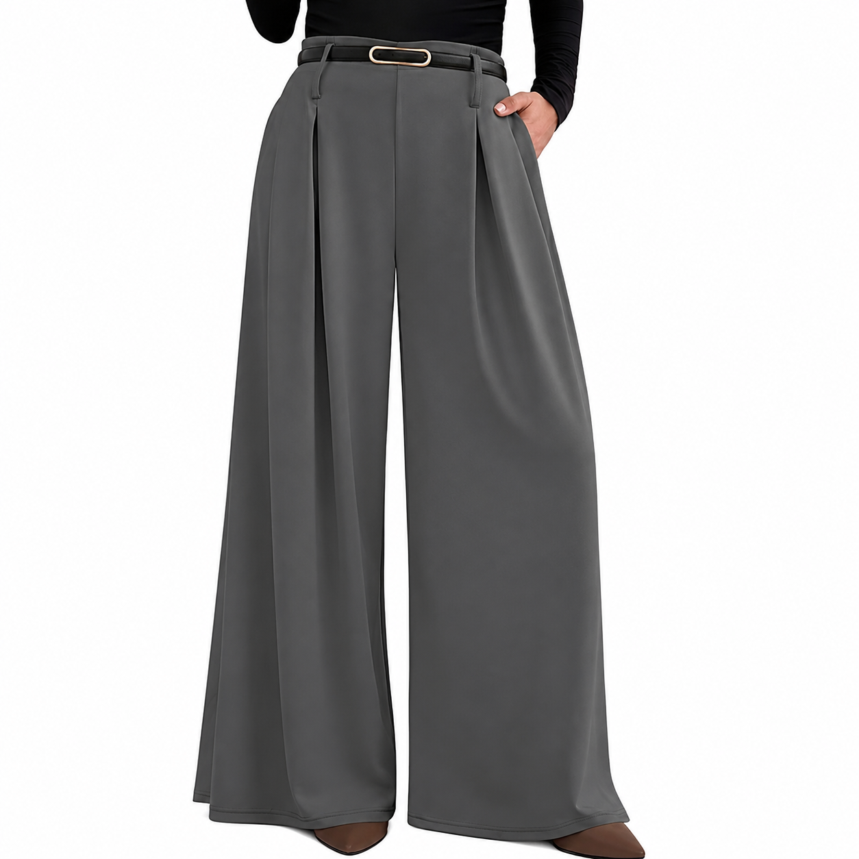 Pleated High Waisted Flowy Palazzo Trousers For Women