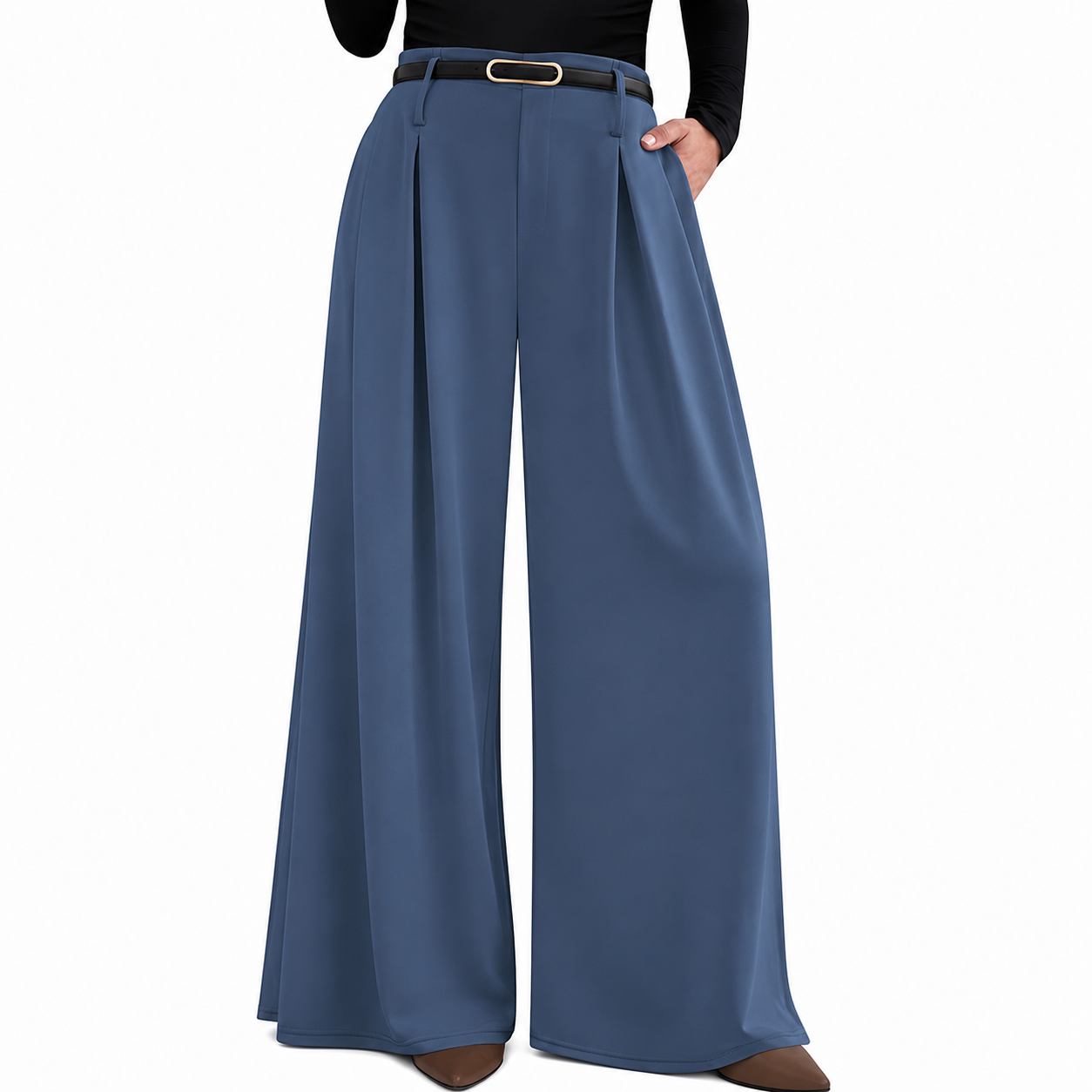 Pleated High Waisted Flowy Palazzo Trousers For Women