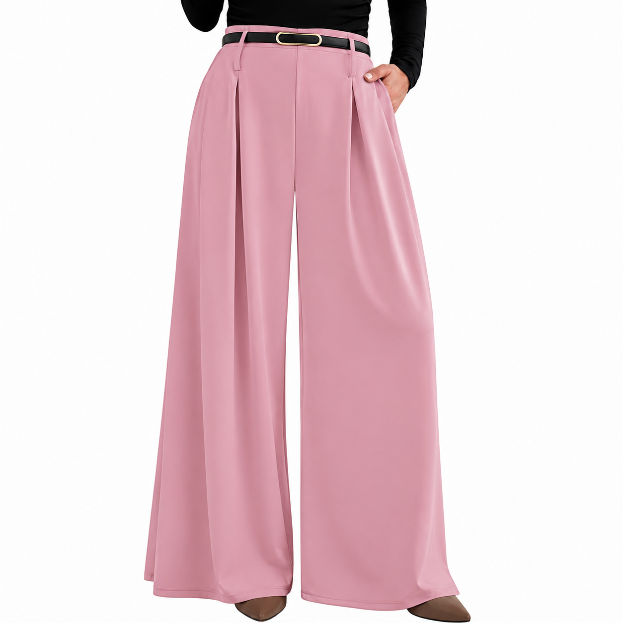 Pleated High Waisted Flowy Palazzo Trousers For Women