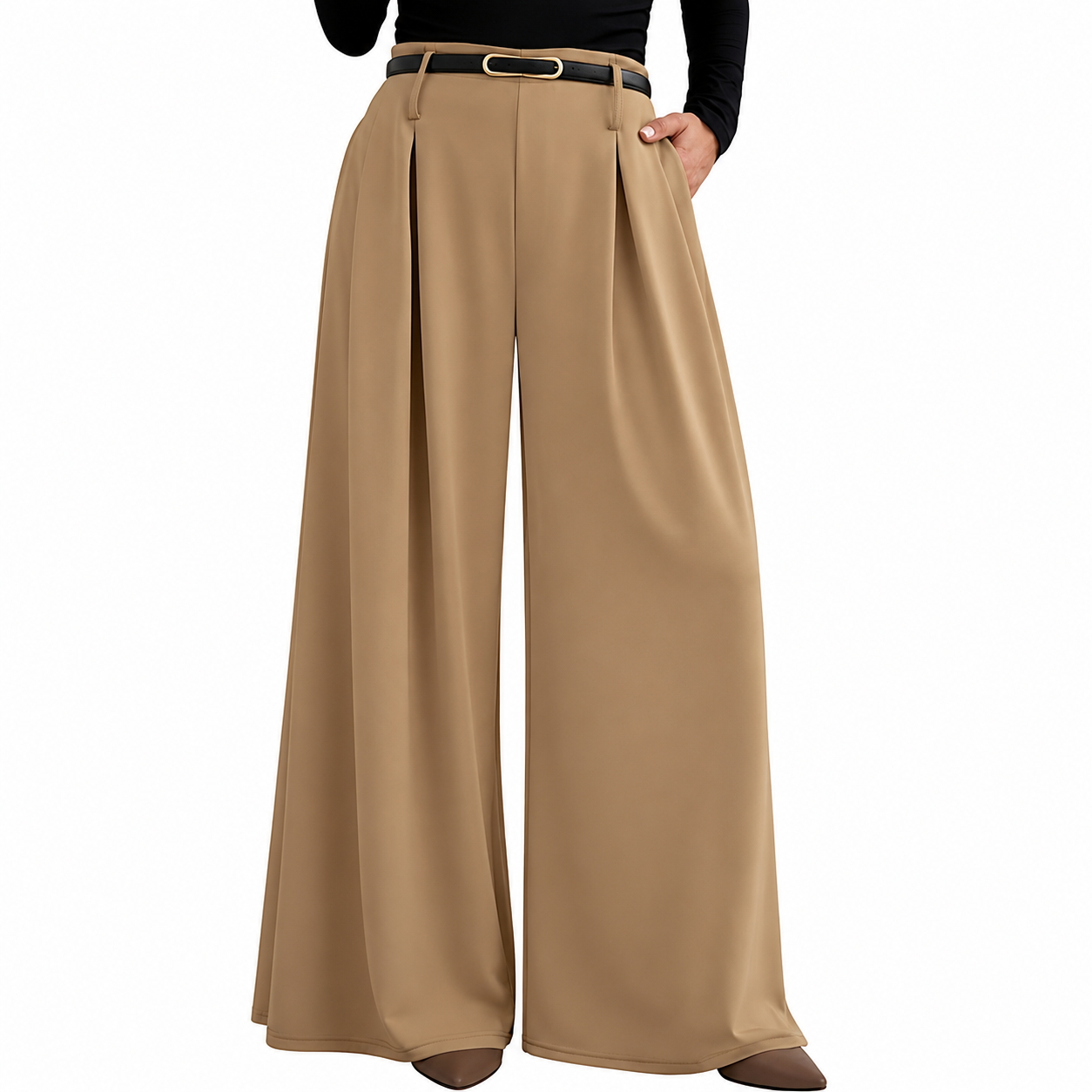 Pleated High Waisted Flowy Palazzo Trousers For Women