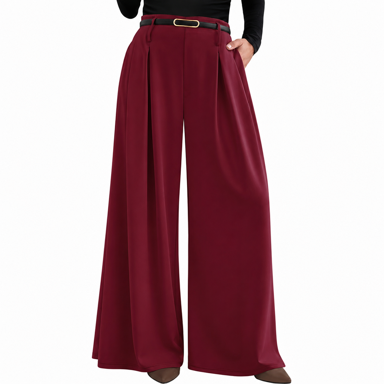 Pleated High Waisted Flowy Palazzo Trousers For Women