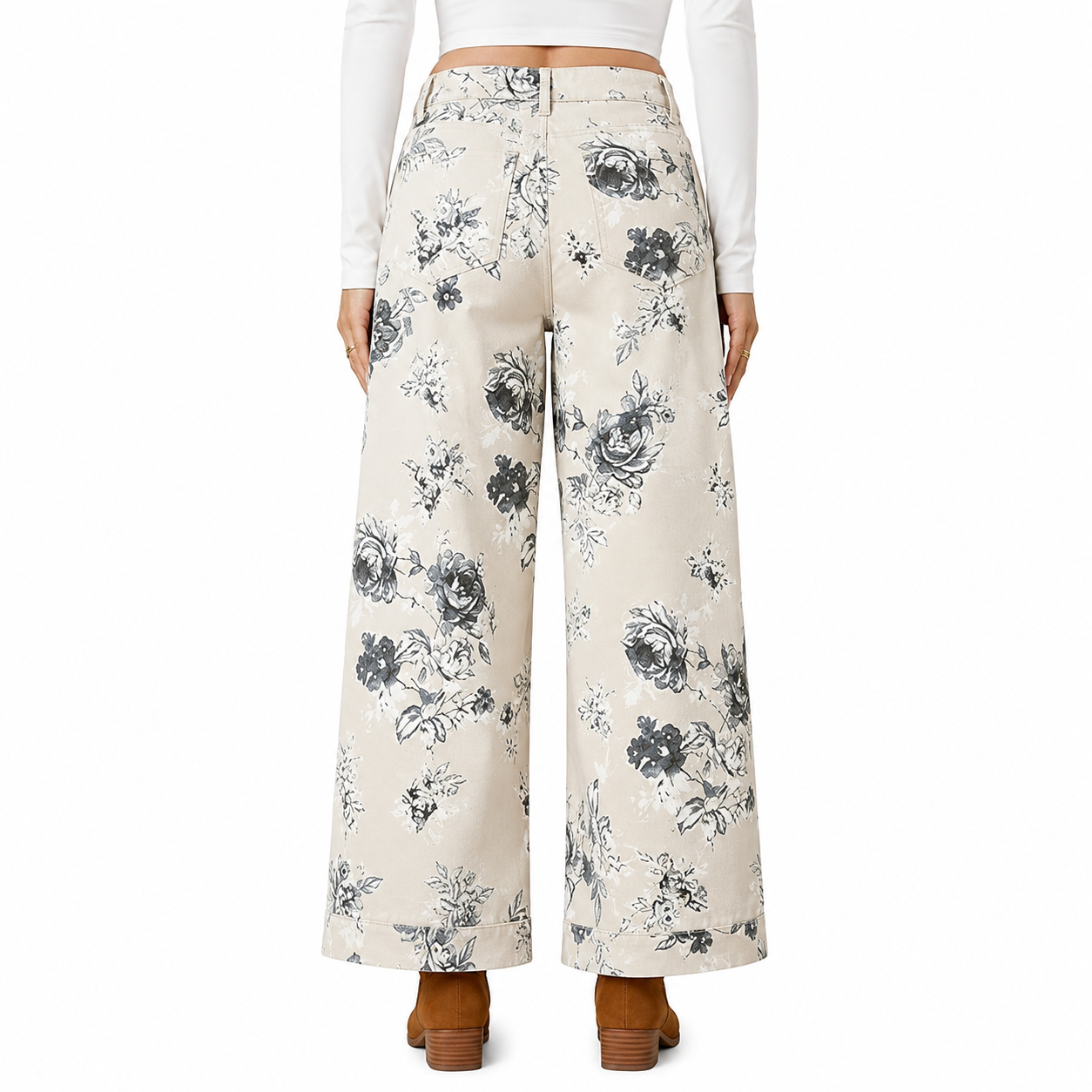 Floral Printed Wide Fit Baggy Denim Pants For Women