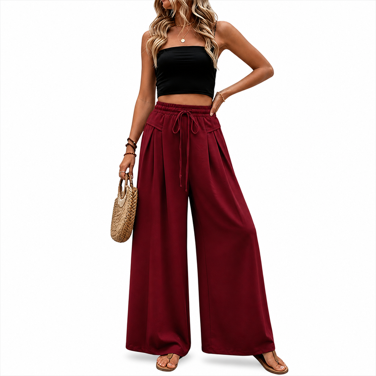 Sporty And Casual Pleated High Wide Pants For Women