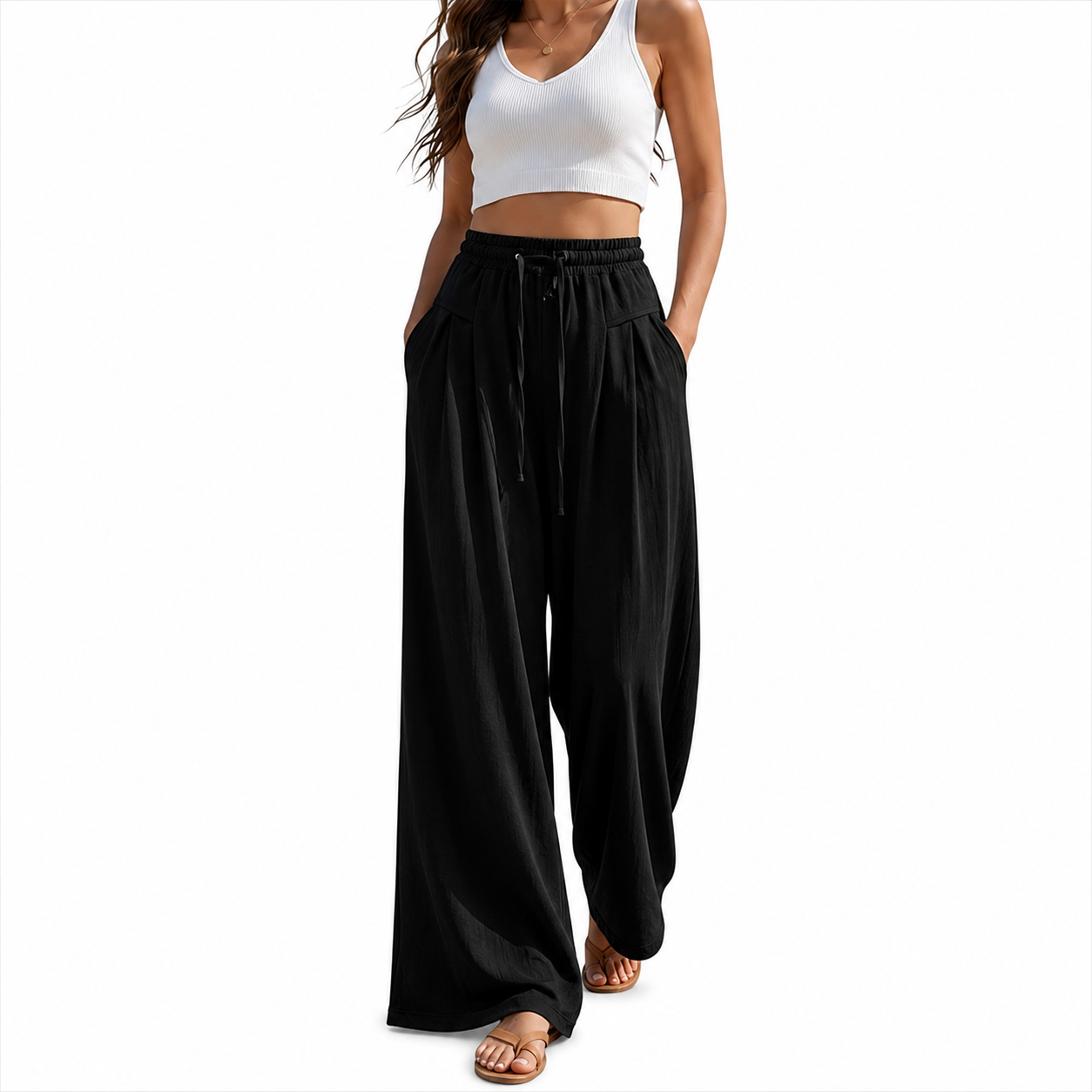 Sporty And Casual Pleated High Wide Pants For Women