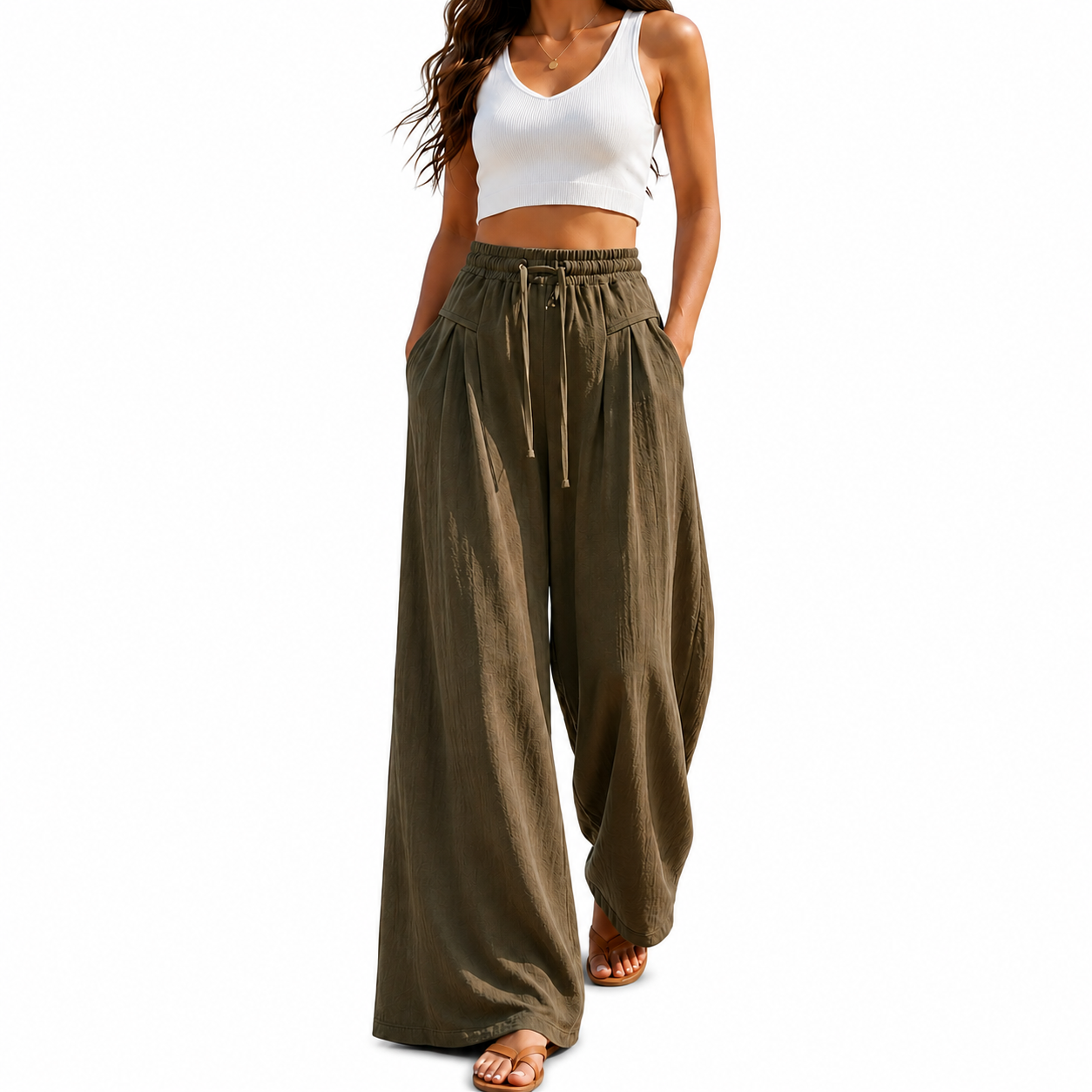 Sporty And Casual Pleated High Wide Pants For Women