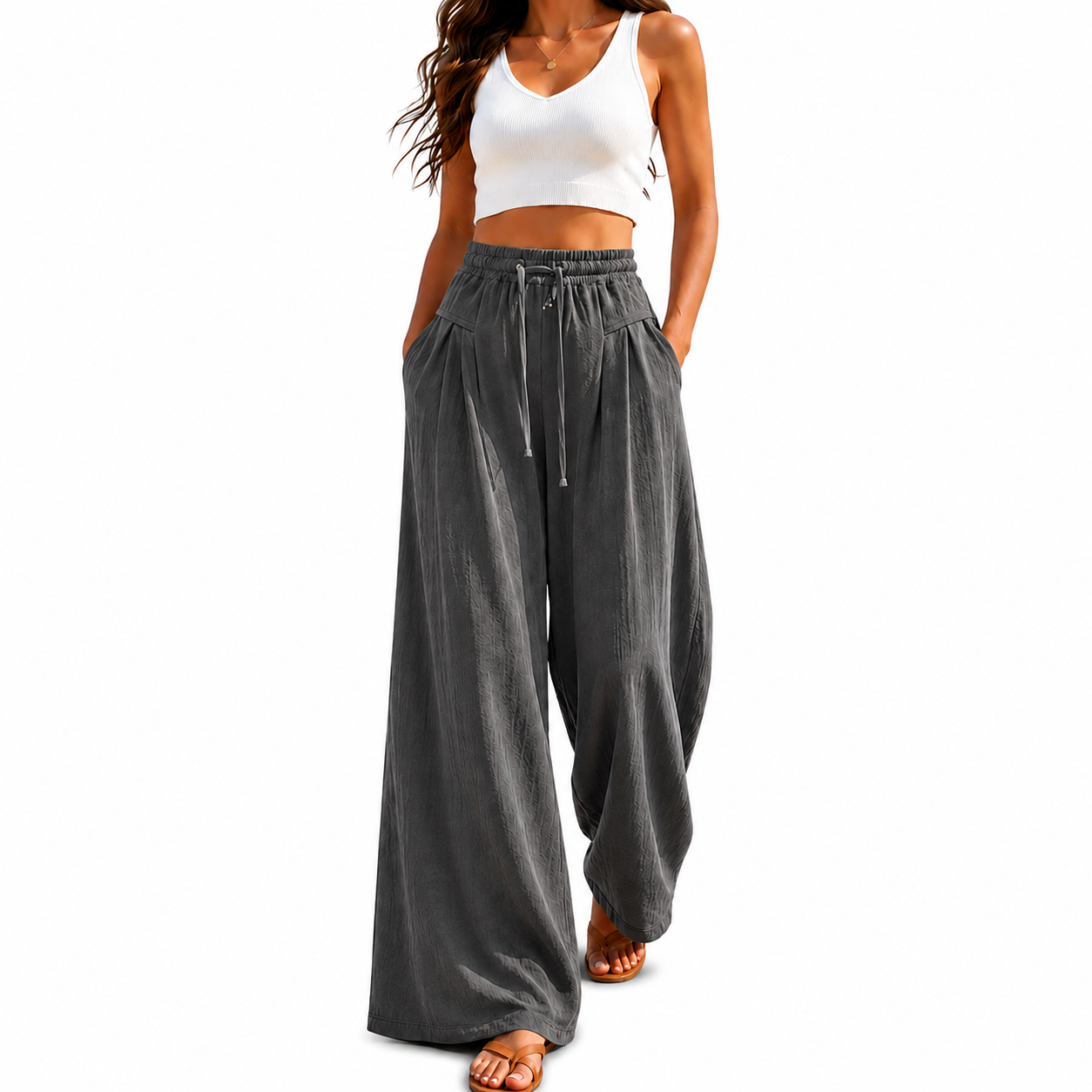 Sporty And Casual Pleated High Wide Pants For Women