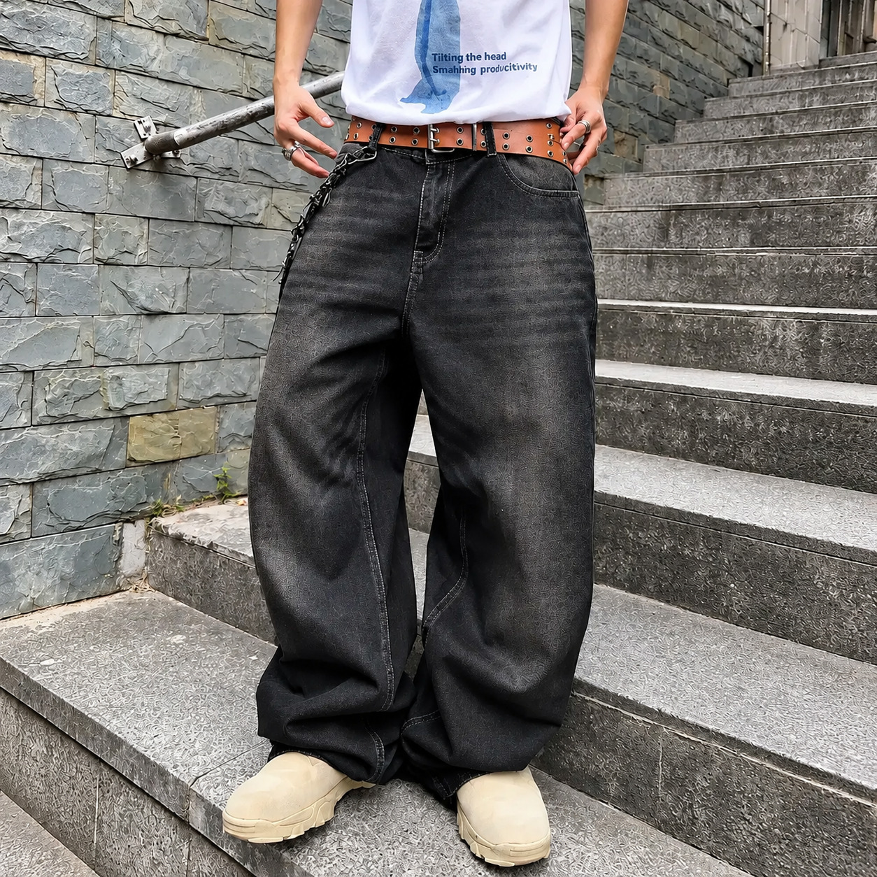 Wide Fit Vintage Design Baggy Pants With Pockets For Men