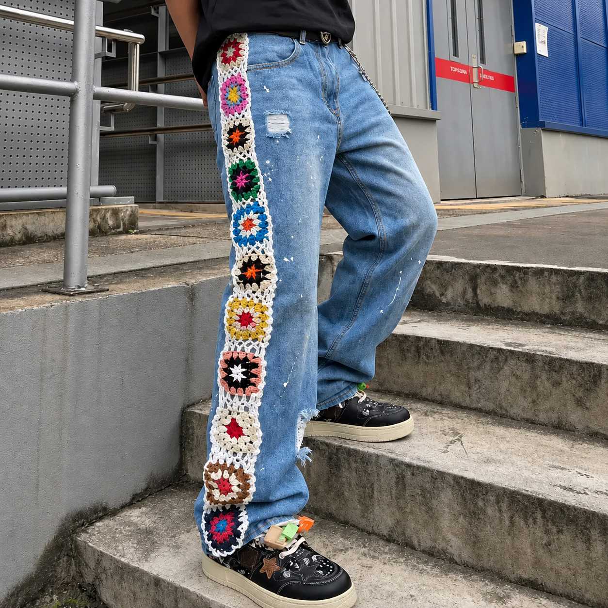 Wide Fit Vintage Design Baggy Pants With Pockets For Men