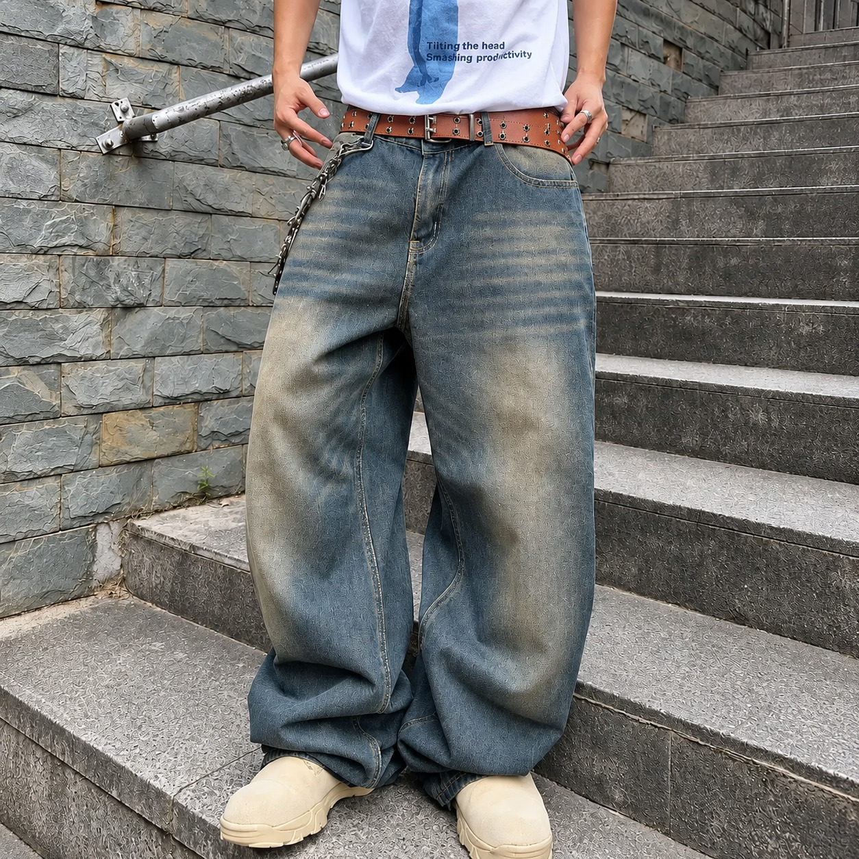 Wide Fit Vintage Design Baggy Pants With Pockets For Men
