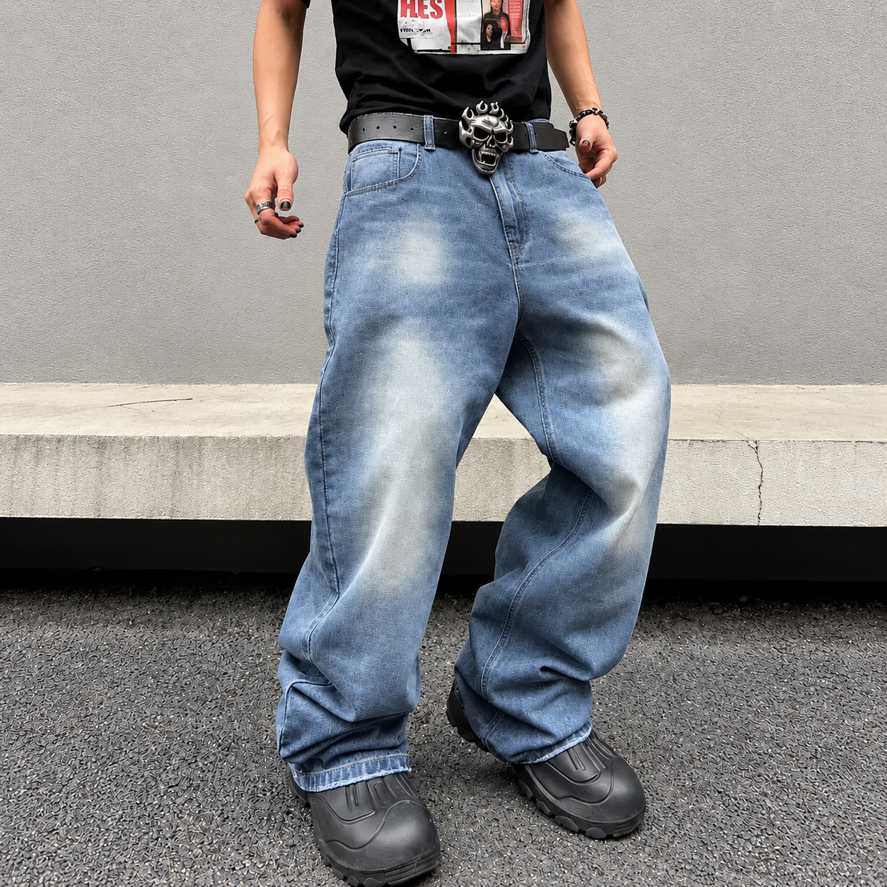 Wide Fit Vintage Design Baggy Pants With Pockets For Men