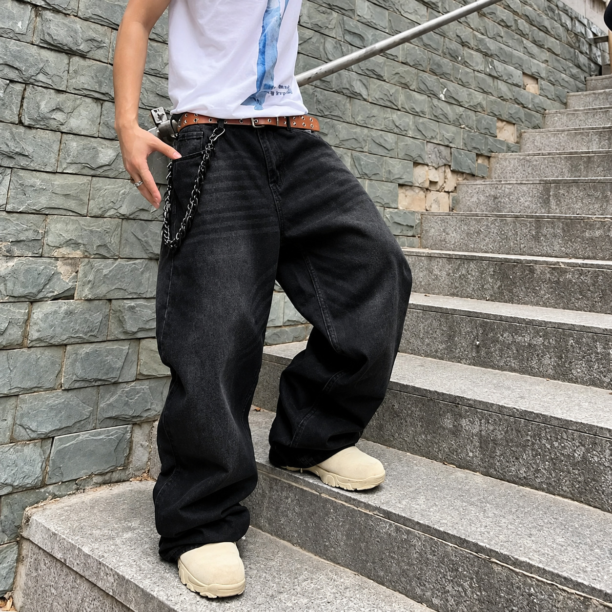 Wide Fit Vintage Design Baggy Pants With Pockets For Men