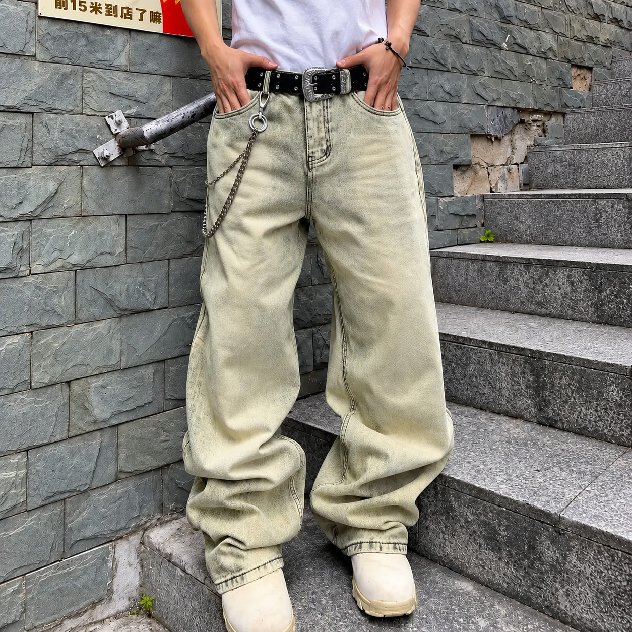 Wide Fit Vintage Design Baggy Pants With Pockets For Men