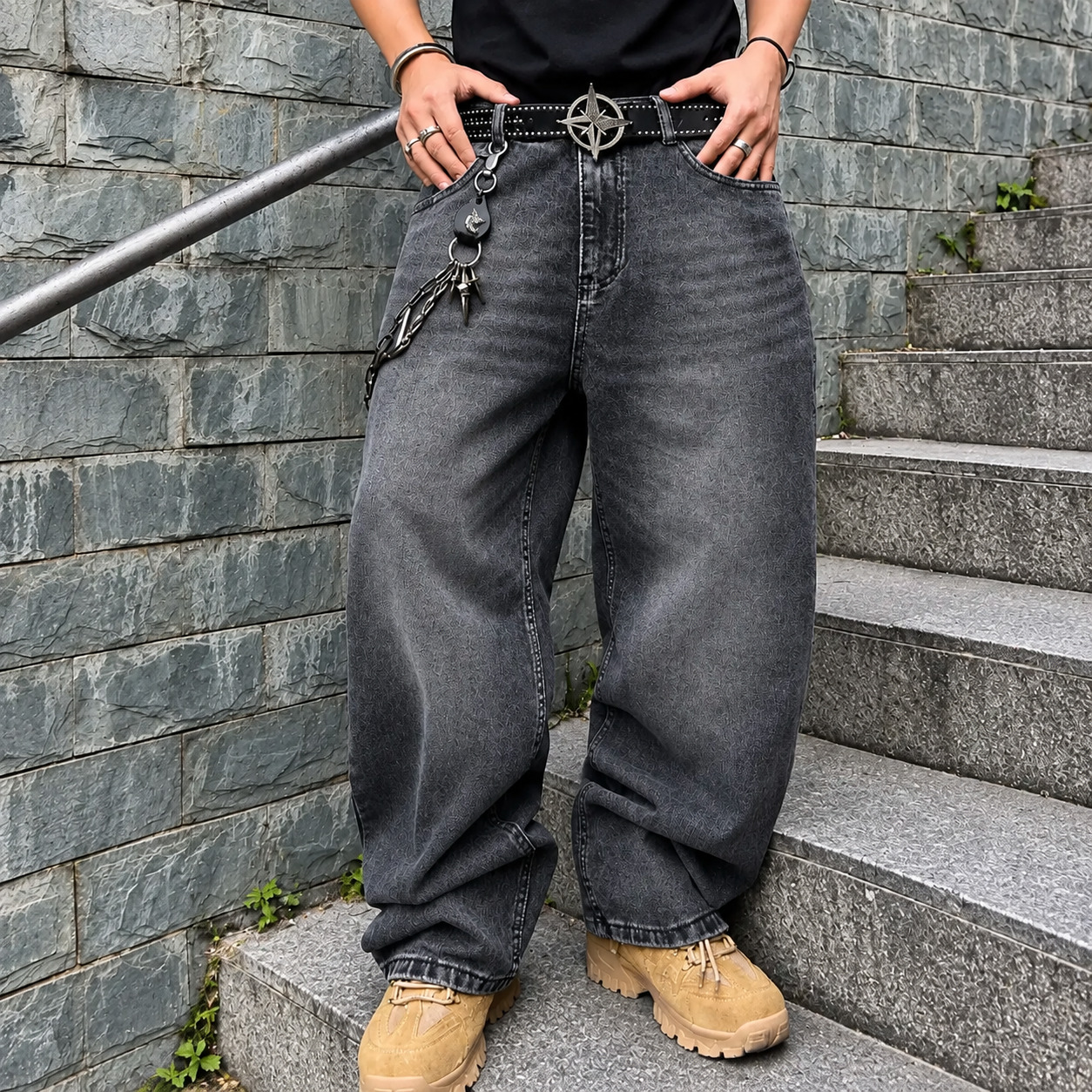 Wide Fit Vintage Design Baggy Pants With Pockets For Men