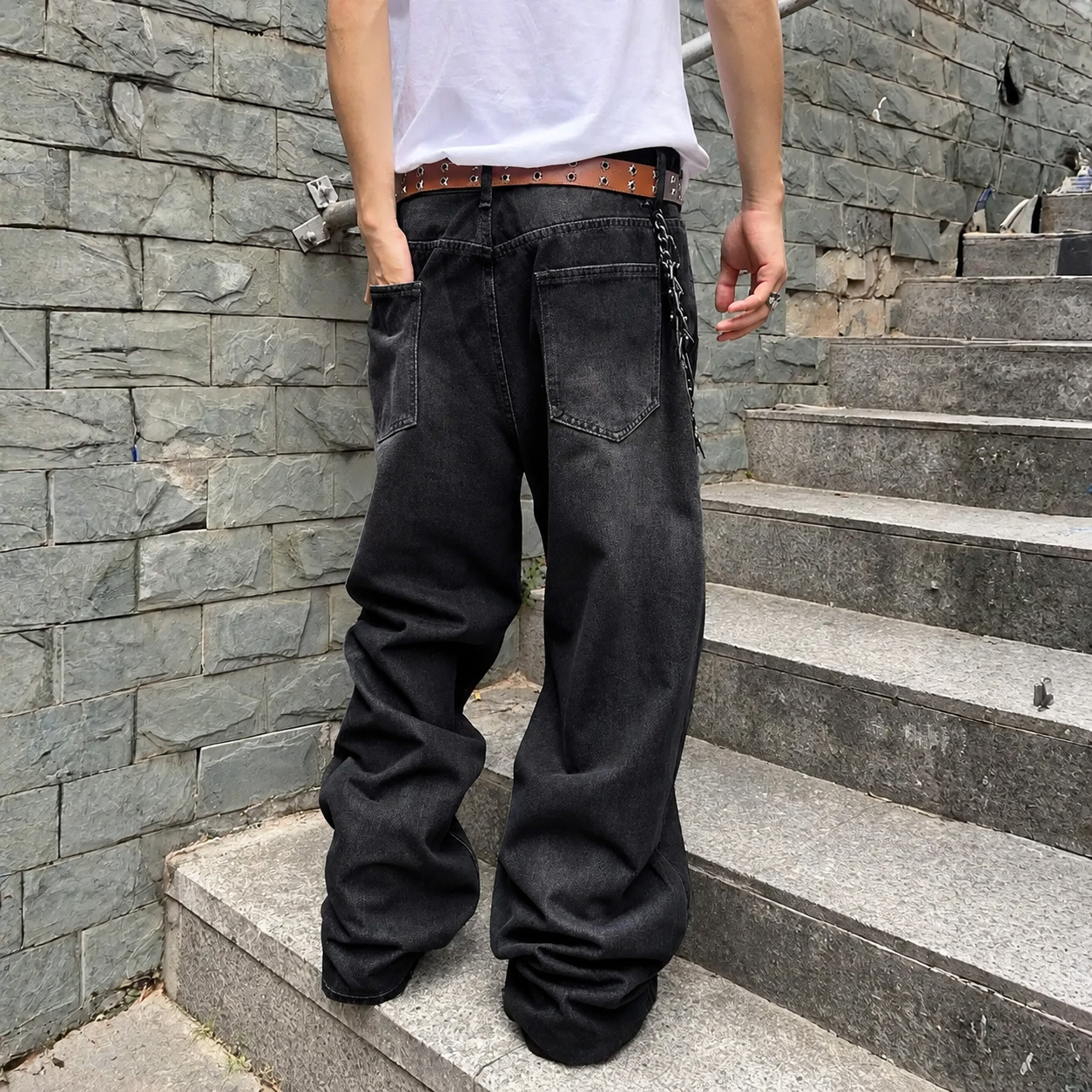 Wide Fit Vintage Design Baggy Pants With Pockets For Men