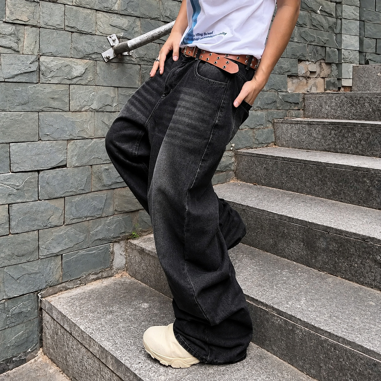 Wide Fit Vintage Design Baggy Pants With Pockets For Men