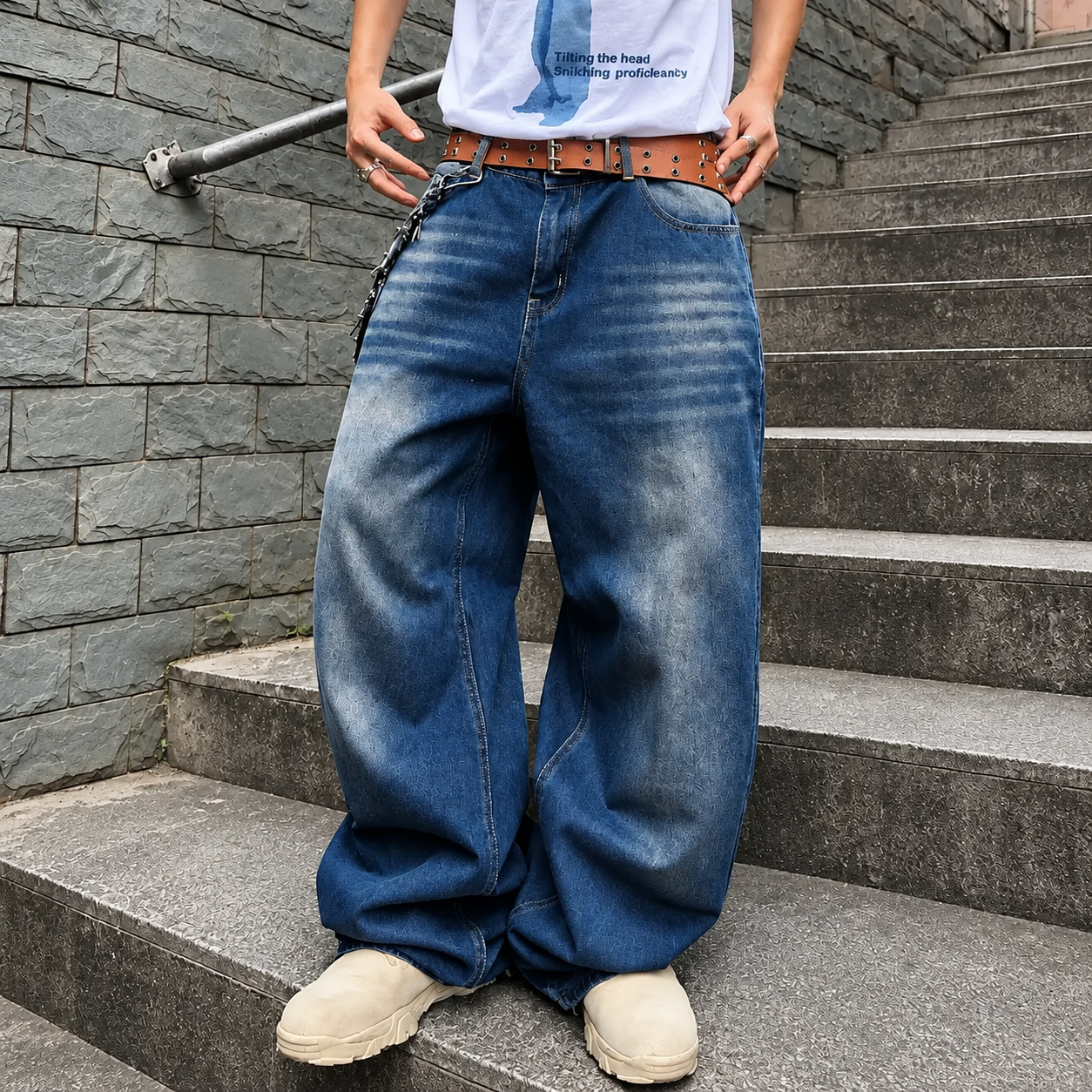 Wide Fit Vintage Design Baggy Pants With Pockets For Men