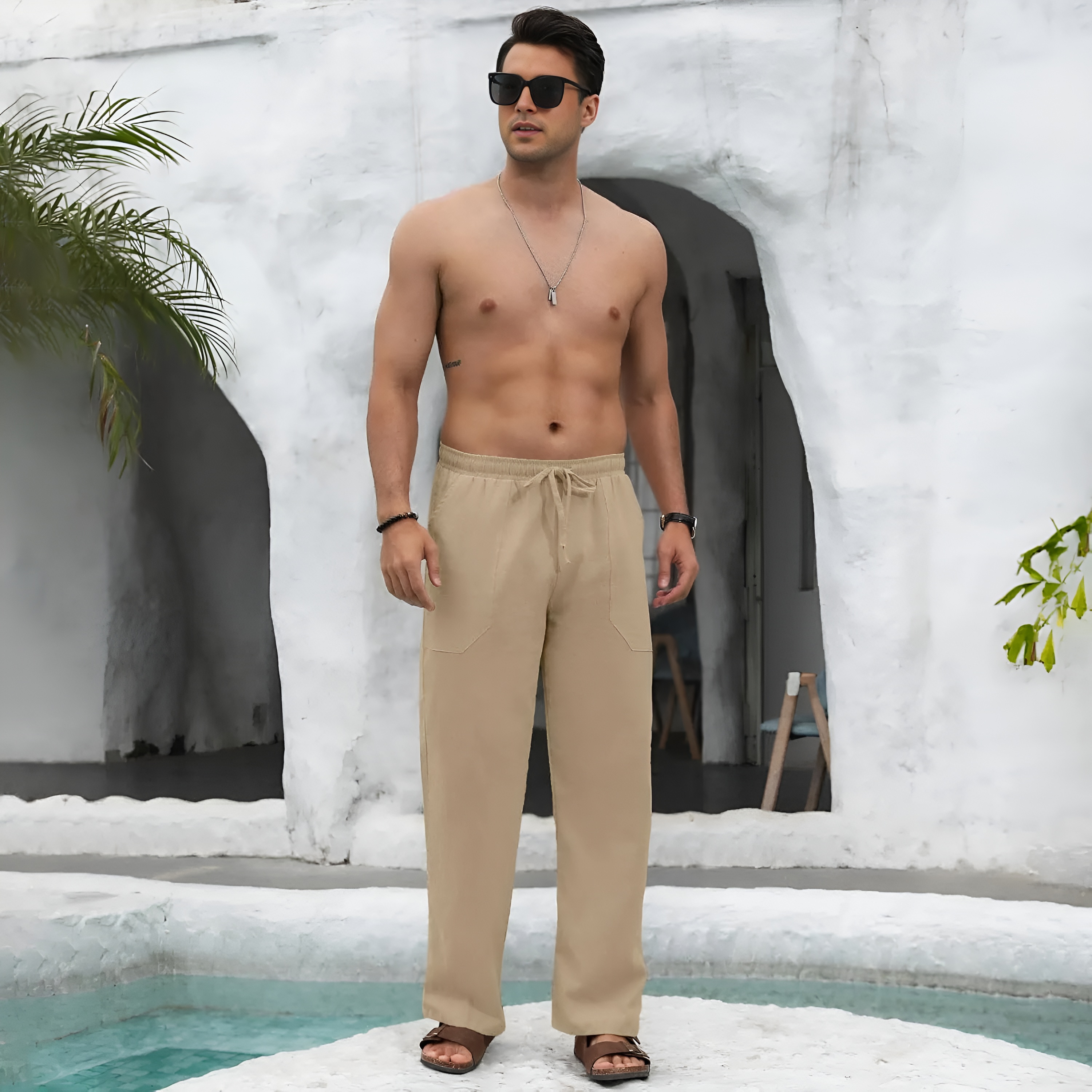 Linen Casual Pants With Drawstring And Loose Fit Style For Men