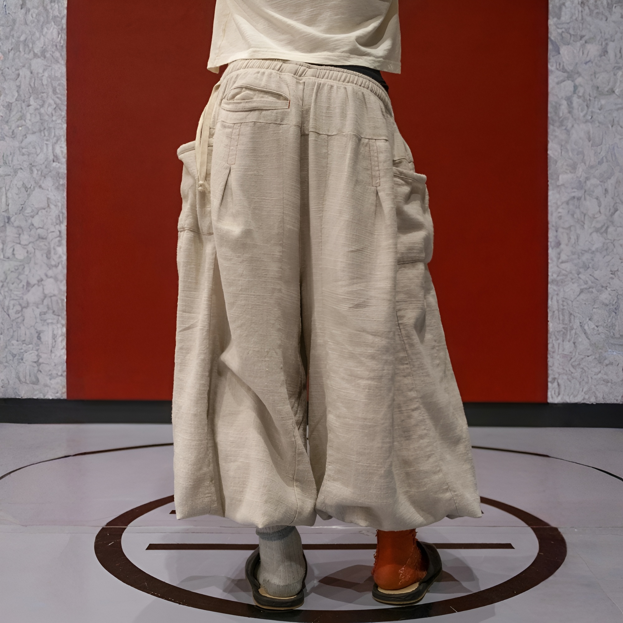 Flax Pleated Wide Pants With Drawstrings