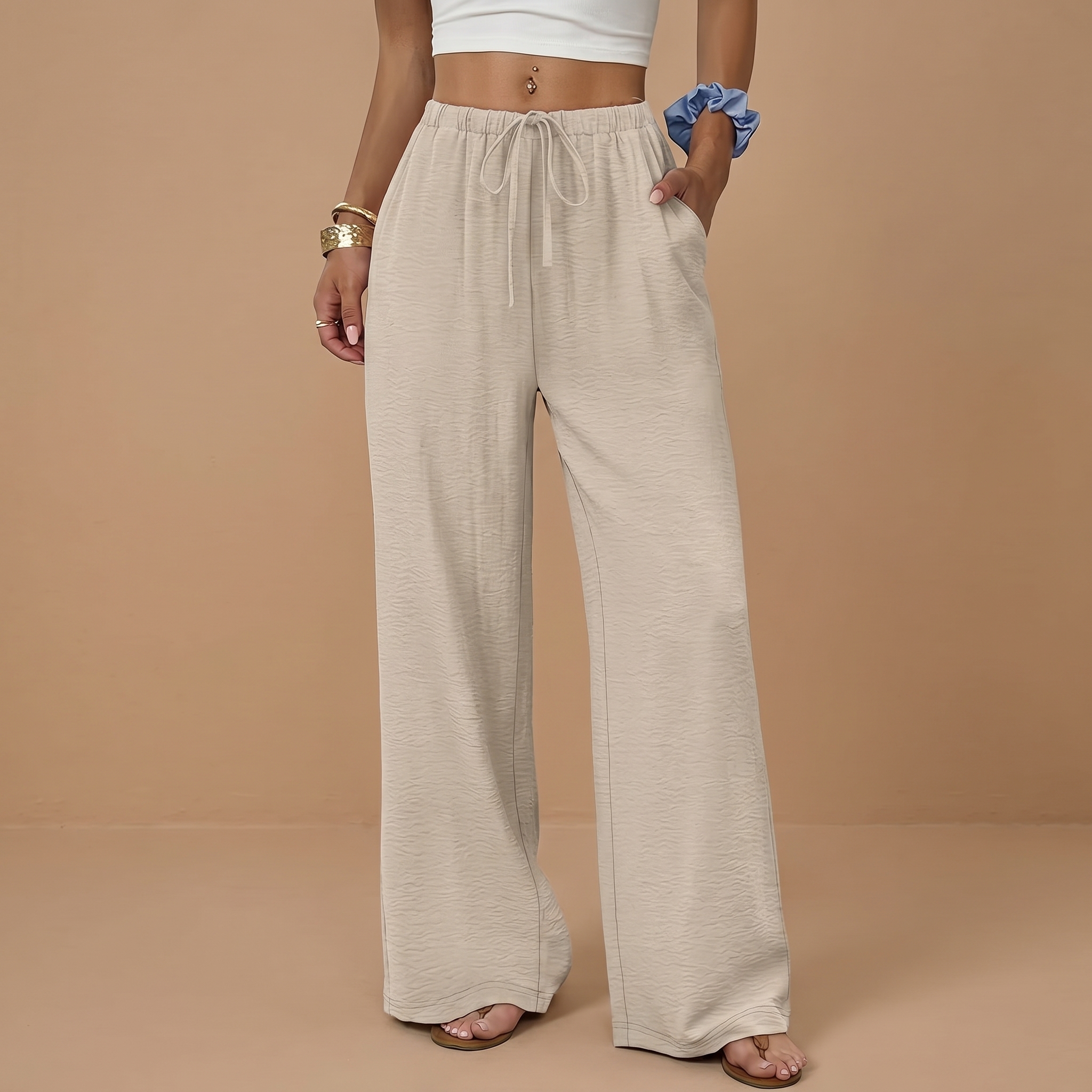 Summer Beach Wide Drawstring Flowy Palazzo Pants For Women