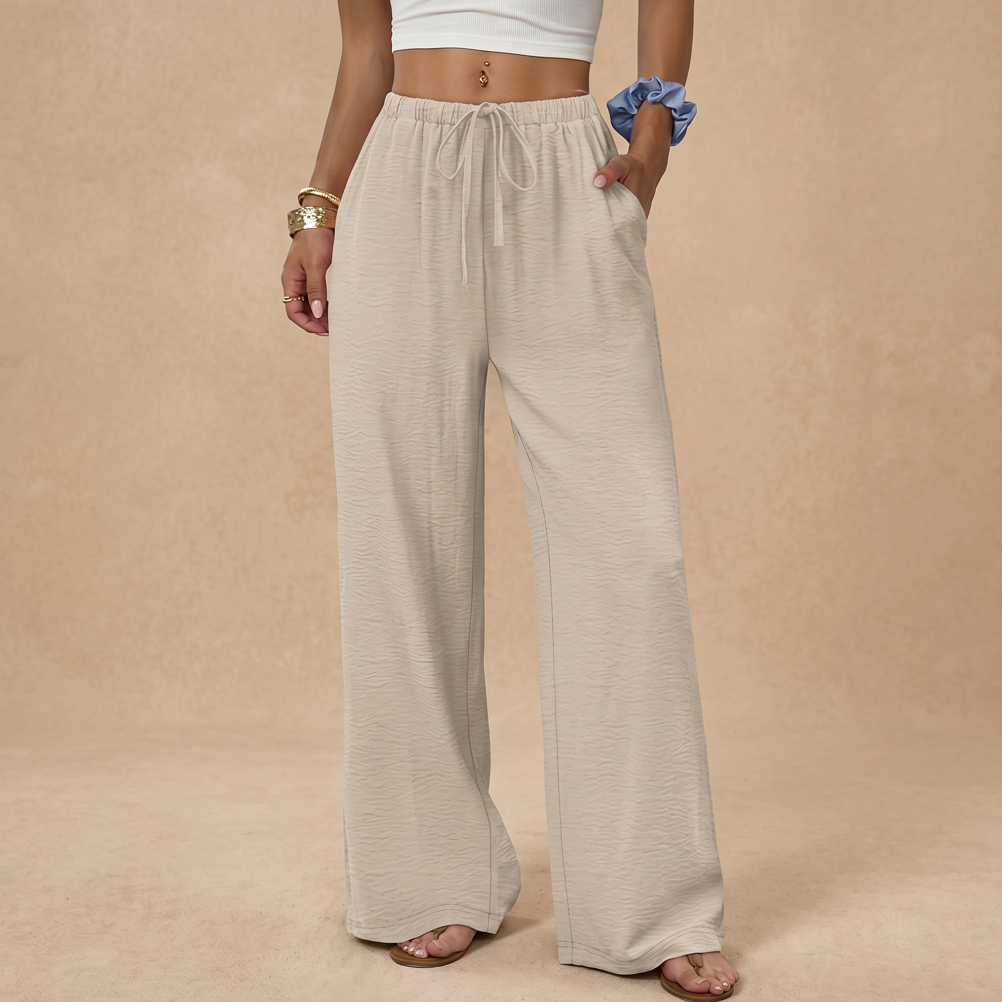 Summer Beach Wide Drawstring Flowy Palazzo Pants For Women