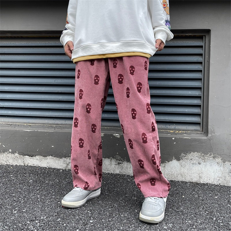 Men's Skull Print Casual Corduroy Drawstring Baggy Pants-Legletic