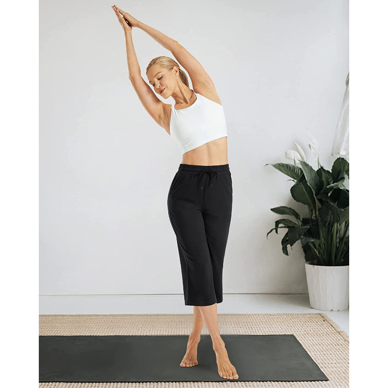 Women Wide Leg Yoga Capri High Waist Stretch Workout Sweatpants With Drawstrings Leg Pants-Legletic