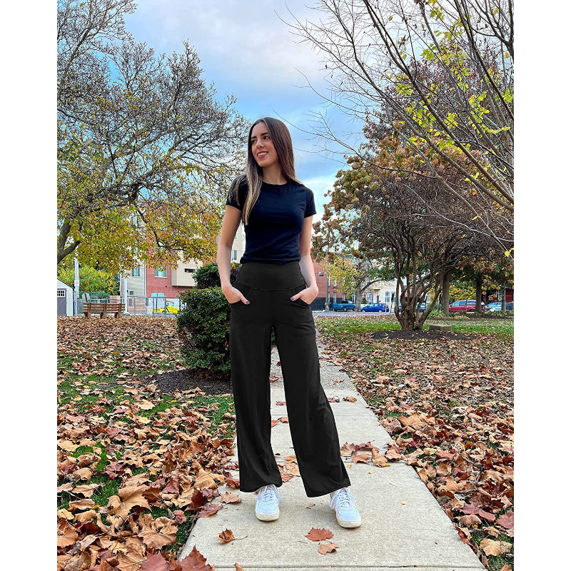 Women Wide Leg Yoga Pants High Waist Stretch Workout Sweatpants With Pockets Casual Straight Leg Pants-Legletic