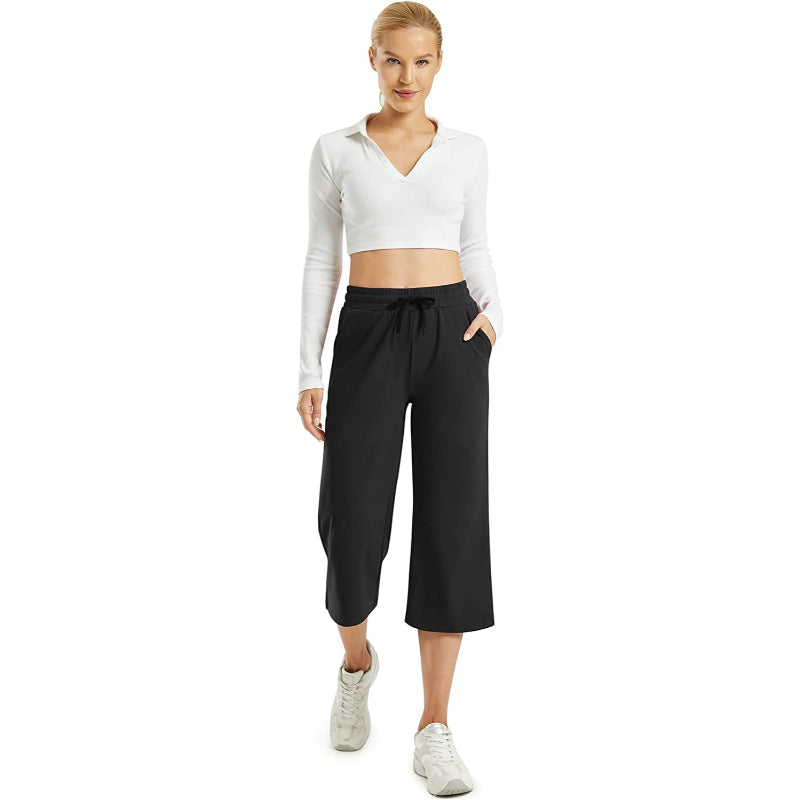 Women Wide Leg Yoga Capri High Waist Stretch Workout Sweatpants With Drawstrings Leg Pants-Legletic