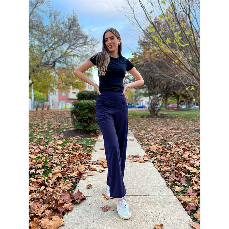 Women Wide Leg Yoga Pants High Waist Stretch Workout Sweatpants With Pockets Casual Straight Leg Pants-Legletic