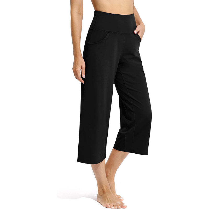 Women Wide Leg Yoga Capri High Waist Stretch Workout Sweatpants With Pockets Casual Straight Leg Pants-Legletic