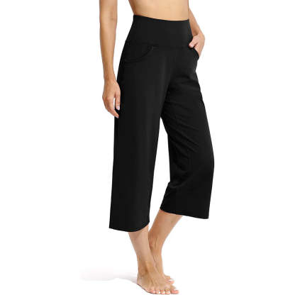Women Wide Leg Yoga Capri High Waist Stretch Workout Sweatpants With Pockets Casual Straight Leg Pants-Legletic