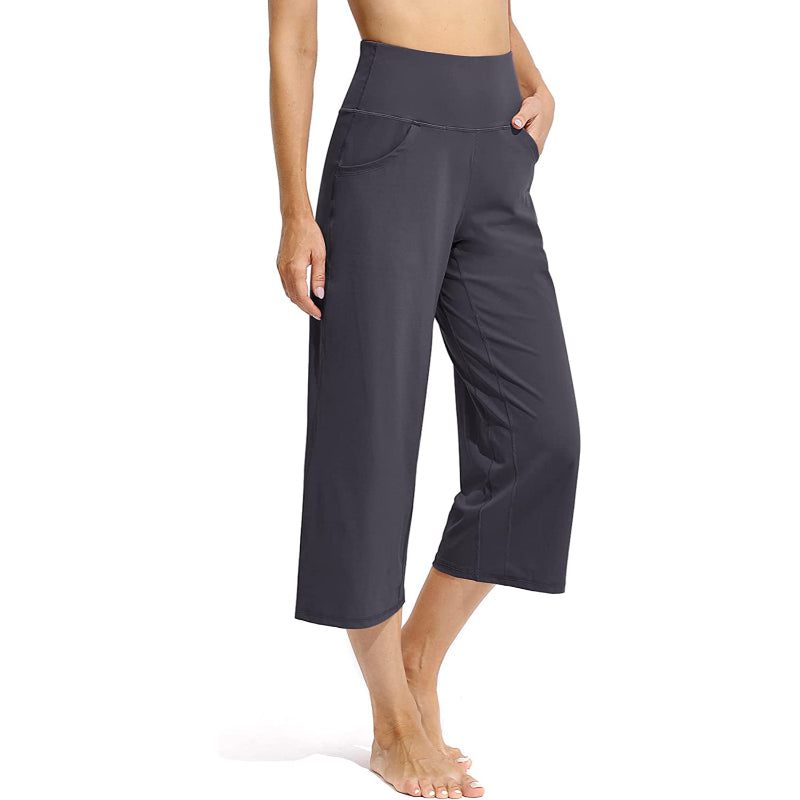 Women Wide Leg Yoga Capri High Waist Stretch Workout Sweatpants With Pockets Casual Straight Leg Pants-Legletic