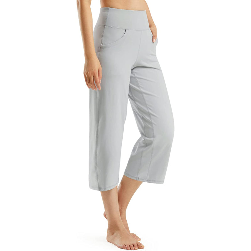 Women Wide Leg Yoga Capri High Waist Stretch Workout Sweatpants With Pockets Casual Straight Leg Pants-Legletic